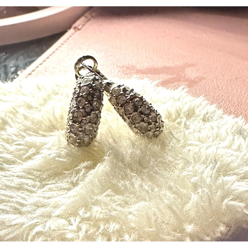 Vintage Half Hoop Rhinestone Encrusted Pierced  Earrings Silver Tone Glam